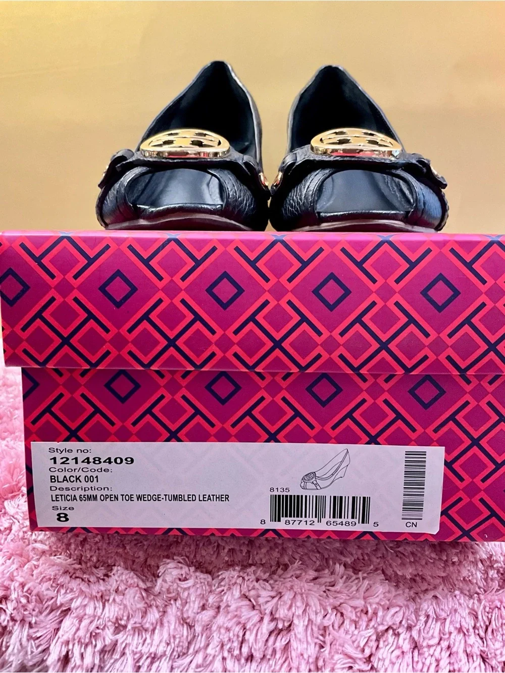 Tory Burch Black Peep-Toe Leather Pumps with Gold Logo Medallion